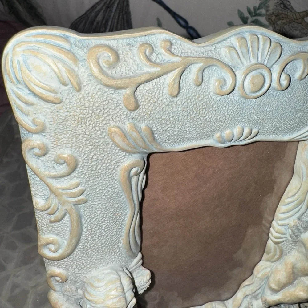 Vtg Ceramic Cherub Picture Frame Blue Gray Gold Tone Textured